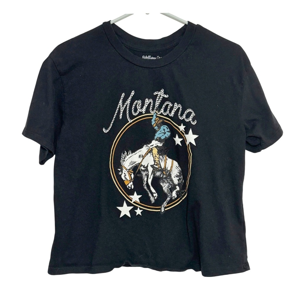 Rebellious One T-Shirt Black Montana Rodeo Graphic Large L Western Cowgirl Tee